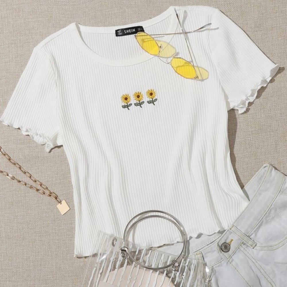 SHEIN White Ribbed Top with Sunflower Embroidery